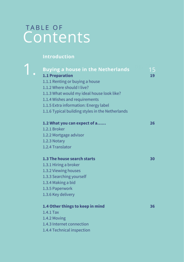 Table of contents page of book 'Purchasing and renovating a house in the Netherlands'