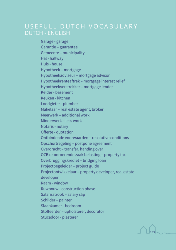 Vocabulary example page of book 'Purchasing and renovating a house in the Netherlands'